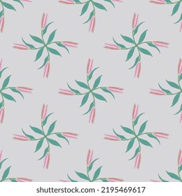 Seamless geometrical floral pattern with square cross mandalas of blooming lily branches. Pink blossom and green leaves on white background.