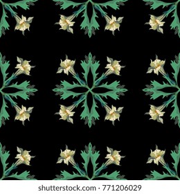 Seamless geometrical floral pattern with square motifs made of datura flowers.
