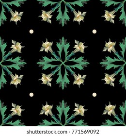Seamless geometrical floral pattern with square motifs made of datura flowers and drops of dew or pearl beads.