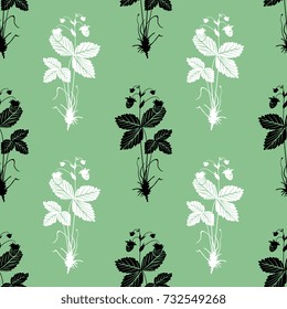 Seamless geometrical floral pattern with strawberry plants. Black and white silhouettes on olive green background.