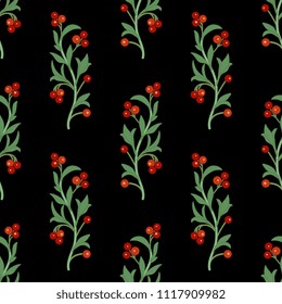 Seamless geometrical floral pattern with stylized branches of red berries. Folk style.