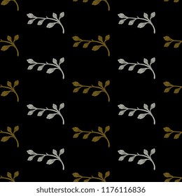 Seamless geometrical floral pattern with stylized branches with leaves. Golden and silver silhouettes on black background.