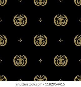 Seamless geometrical floral pattern with stylized silhouettes of thistle plant. Vintage style. Based on retro Art Nouveau or Art Deco style motif. Gold silhouettes on black background.