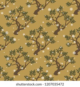 Seamless geometrical floral pattern with stylized trees and snowflakes. Based on medieval Persian motif.