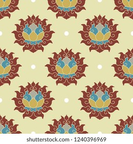 Seamless geometrical floral pattern with stylized ornate lotus flowers and abstract polka dots. Ancient Chinese traditional ethnic motif. 