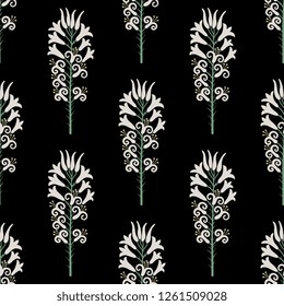 Seamless geometrical floral pattern with stylized branches of lily blossom.
