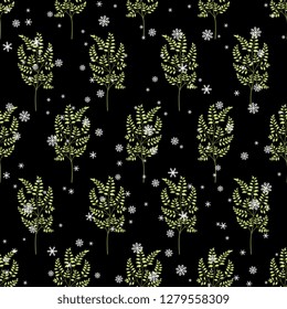 Seamless geometrical floral pattern with stylized young trees or branches with leaves and snowflakes.
