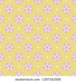 Seamless geometrical floral pattern with stylized heads of bindweed or morning glory flower and abstract polka dots.