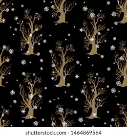 Seamless geometrical floral pattern with stylized bare deciduous trees and snowflakes.