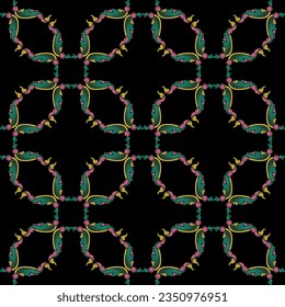 Seamless geometrical floral pattern with stylized leaves. Russian medieval folk motif. On black background.