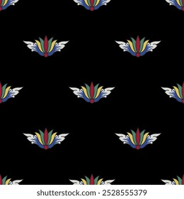 Seamless geometrical floral pattern with stylized flowers. Folk style. On black background.