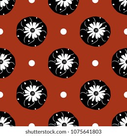 Seamless geometrical floral pattern with top view Lopophora Peyote cactus and abstract polka dots. Black and white silhouettes on red background.