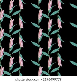 Seamless geometrical floral pattern with vertical garlands of blooming lily branches. Pink blossom and green leaves on black background.