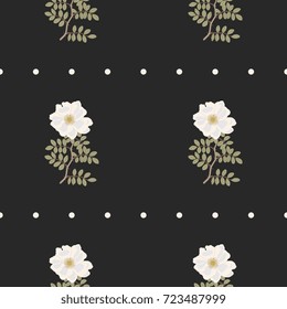 Seamless geometrical floral pattern with white wild roses and horizontal rows of white dots. Folk style.