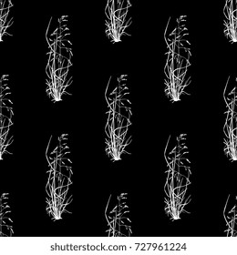 Seamless geometrical floral pattern with white silhouettes of bluegrass plant on black background. Vertical rows of summer motifs.