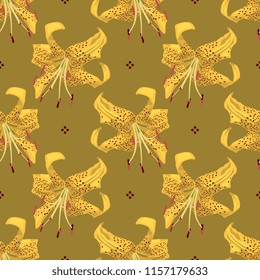 Seamless geometrical floral pattern with yellow tiger lily blossom and polka dots.