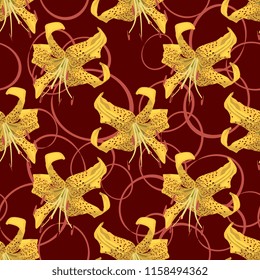 Seamless geometrical floral pattern with yellow tiger lily blossom and abstract ellipses.