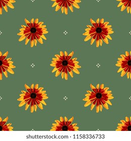 Seamless geometrical floral polka dot pattern with Black-Eyed Susan flowers. Gloriosa Daisy blossom. Dwarf Marmalade. Rudbeckia hirta. 