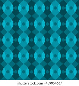Seamless geometrical, geo pattern with dots, diamonds, ogee shapes. Vivid seamless background. Vector fabric print, textile pattern for apparel, wrapping paper,  wallpaper in turquoise color.