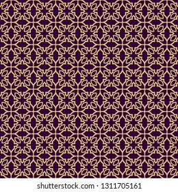 Seamless Geometrical Linear Texture. Original Geometrical Puzzle. Backdrop. Vector Illustration. For Design, Wallpaper, Fashion, Print. Purple gold color.