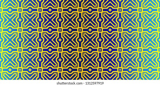 Seamless Geometrical Linear Texture. Original Geometrical Puzzle. Backdrop. Vector Illustration. For Design, Wallpaper, Fashion, Print. Blue yellow color.
