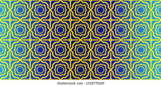 Seamless Geometrical Linear Texture. Original Geometrical Puzzle. Backdrop. Vector Illustration. For Design, Wallpaper, Fashion, Print. Blue yellow color.