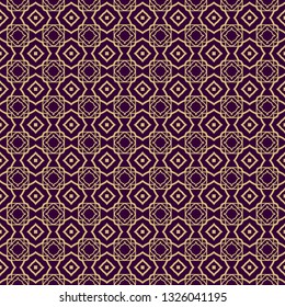 Seamless Geometrical Linear Texture. Original Geometrical Puzzle. Backdrop. Vector Illustration. For Design, Wallpaper, Fashion, Print. Purple gold color.