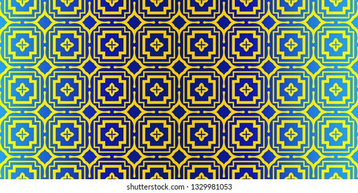 Seamless Geometrical Linear Texture. Original Geometrical Puzzle. Backdrop. Vector Illustration. For Design, Wallpaper, Fashion, Print. Blue yellow color.