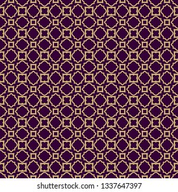Seamless Geometrical Linear Texture. Original Geometrical Puzzle. Backdrop. Vector Illustration. For Design, Wallpaper, Fashion, Print. Purple gold color.