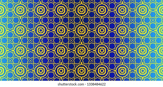 Seamless Geometrical Linear Texture. Original Geometrical Puzzle. Backdrop. Vector Illustration. For Design, Wallpaper, Fashion, Print. Blue yellow color.