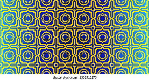 Seamless Geometrical Linear Texture. Original Geometrical Puzzle. Backdrop. Vector Illustration. For Design, Wallpaper, Fashion, Print. Blue yellow color.