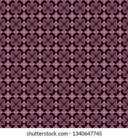 Seamless Geometrical Linear Texture. Original Geometrical Puzzle. Backdrop. Vector Illustration. For Design, Wallpaper, Fashion, Print. Purple gold color.
