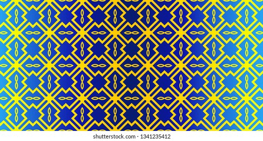 Seamless Geometrical Linear Texture. Original Geometrical Puzzle. Backdrop. Vector Illustration. For Design, Wallpaper, Fashion, Print. Blue yellow color.