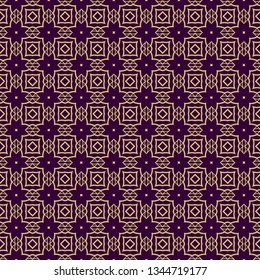 Seamless Geometrical Linear Texture. Original Geometrical Puzzle. Backdrop. Vector Illustration. For Design, Wallpaper, Fashion, Print. Purple gold color.