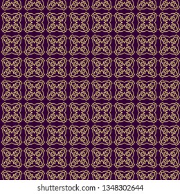 Seamless Geometrical Linear Texture. Original Geometrical Puzzle. Backdrop. Vector Illustration. For Design, Wallpaper, Fashion, Print. Purple gold color.