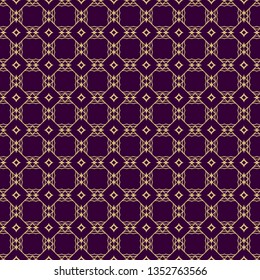 Seamless Geometrical Linear Texture. Original Geometrical Puzzle. Backdrop. Vector Illustration. For Design, Wallpaper, Fashion, Print. Purple gold color.