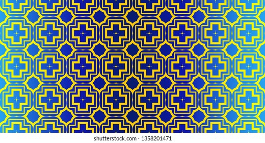 Seamless Geometrical Linear Texture. Original Geometrical Puzzle. Backdrop. Vector Illustration. For Design, Wallpaper, Fashion, Print. Blue yellow color.