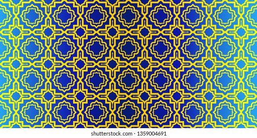 Seamless Geometrical Linear Texture. Original Geometrical Puzzle. Backdrop. Vector Illustration. For Design, Wallpaper, Fashion, Print. Blue yellow color.