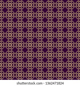 Seamless Geometrical Linear Texture. Original Geometrical Puzzle. Backdrop. Vector Illustration. For Design, Wallpaper, Fashion, Print. Purple gold color.