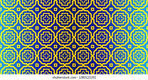 Seamless Geometrical Linear Texture. Original Geometrical Puzzle. Backdrop. Vector Illustration. For Design, Wallpaper, Fashion, Print. Blue yellow color.