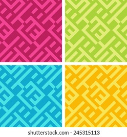 Seamless geometrical maze pattern with colorful stripes. Set of four vector backgrounds