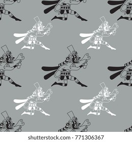 Seamless geometrical monochrome abstract pattern with ethnic silhouettes of running anthropomorphic coyotes. Based on ancient Peruvian art of Mochica Indians. Moche culture of Peru.