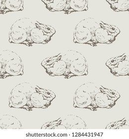 Seamless geometrical monochrome animal pattern with hand drawn silhouettes of rabbits or hares. Vintage engraving style.