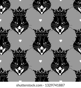 Seamless Geometrical Monochrome Animal Pattern With Silhouetted Faces Of Angry Opossum In A Crown.