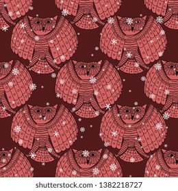Seamless geometrical monochrome animal pattern with silhouettes of fantastic owls and snowflakes. Ancient Peruvian Moche or Mochica tribal motif.
