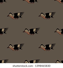 Seamless geometrical monochrome animal pattern with stylized birds. Ancient Peruvian tribal motif of Nazca Indians.