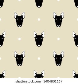 Seamless geometrical monochrome animal pattern with stylized  silhouetted heads of bull terrier dog and polka dots.