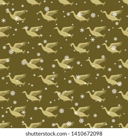 Seamless geometrical monochrome animal pattern with small silhouettes of stylized flying birds and snowflakes.