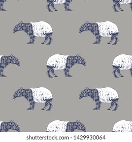 Seamless geometrical monochrome animal pattern with hand drawn silhouettes of Malayan Tapirs (Tapirus indicus).