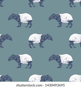 Seamless geometrical monochrome animal pattern with hand drawn silhouettes of Malayan Tapirs (Tapirus indicus).